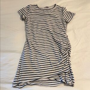 Flattering Ruched Striped Navy and White Dress • Size L